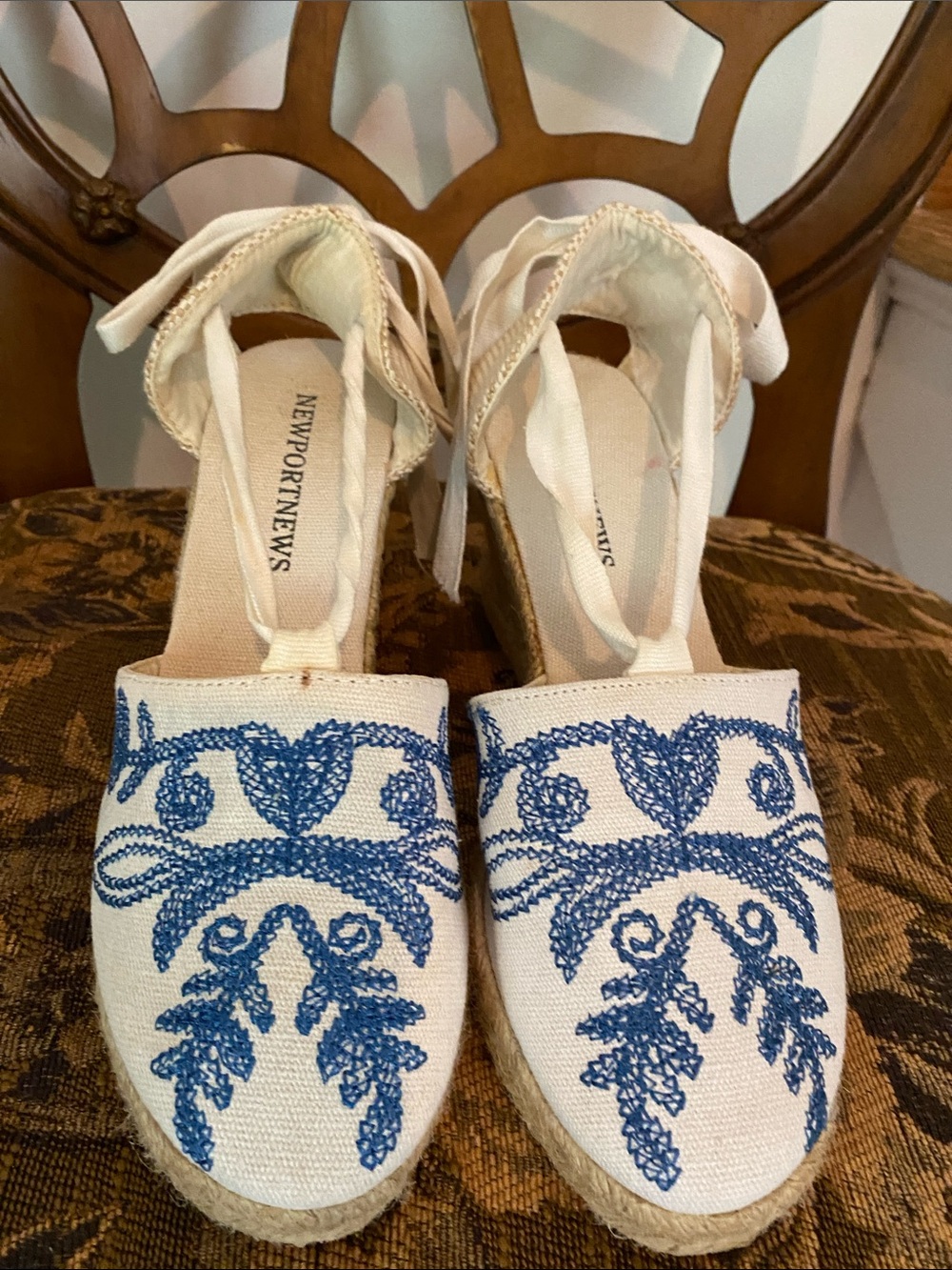 Newport News White Canvas Espadrille Wedges with Blue Embroidery Vintage